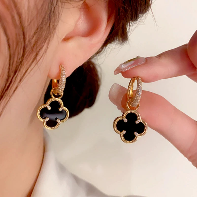 14K Gold-Plated Elegant Four-Leaf Flower Earrings - elegant Black Clover Earrings
