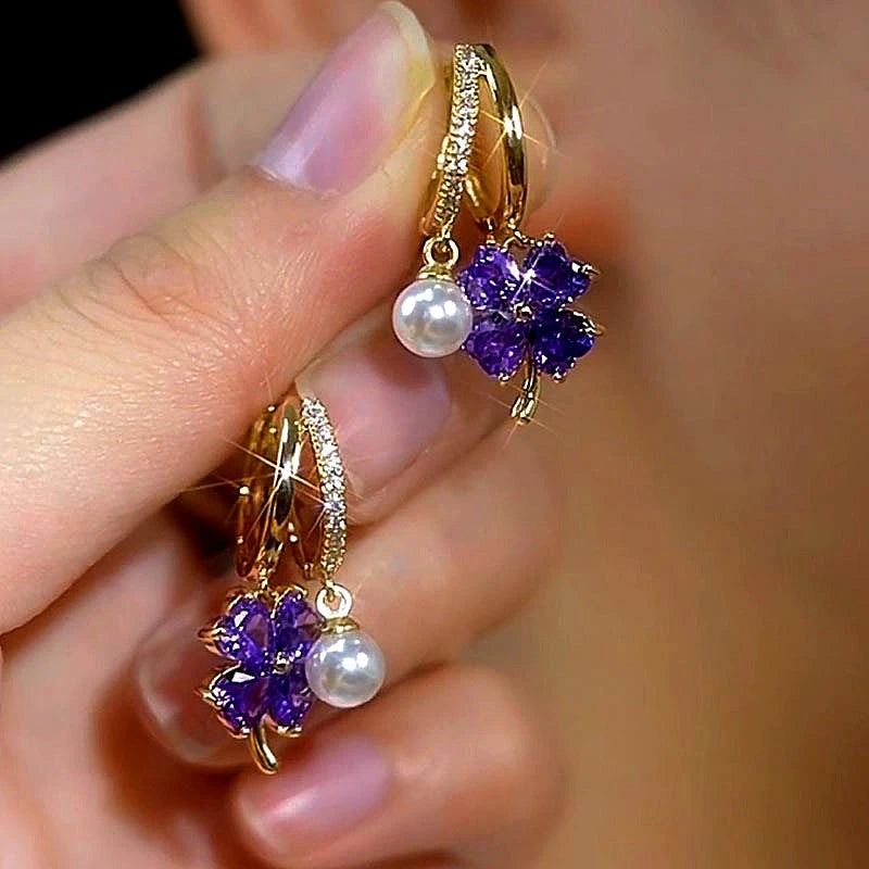 14K Gold-Plated Elegant Purple Four-Leaf Flower Pearl Earrings - elegant Four-Leaf Flower Pearl Earrings