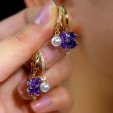 14K Gold-Plated Elegant Purple Four-Leaf Flower Pearl Earrings - elegant Four-Leaf Flower Pearl Earrings