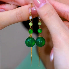 14K Gold-Plated Elegant Green Beads Tassel Threader Earrings - elegant Tassel Threader Earrings