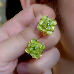 14K Gold-Plated Elegant Green Cat's Eye Stone Square Earrings - elegant Green Stone Studs