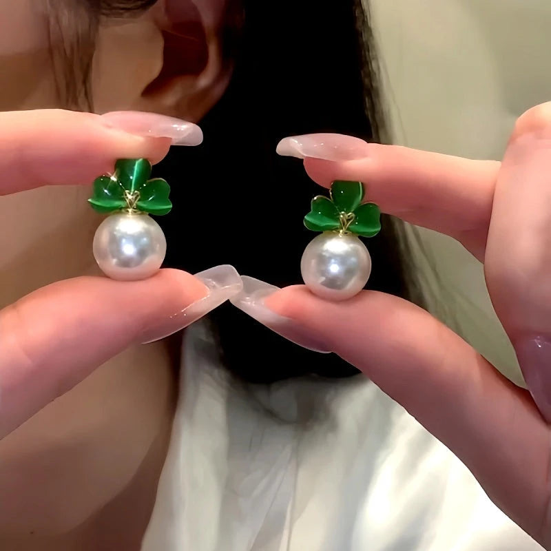 14K Gold-Plated Elegant Green Cat's Eye Stone Three-Leaf Flower Pearl Earrings - elegant Flower Pearl Earrings