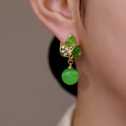 14K Gold-Plated Elegant Green Diamond Leaf Bead Earrings - elegant Green Leaf Earrings