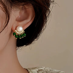 Close-up detail of the sparkling zircons and plating on the Pearl Tassel Earrings