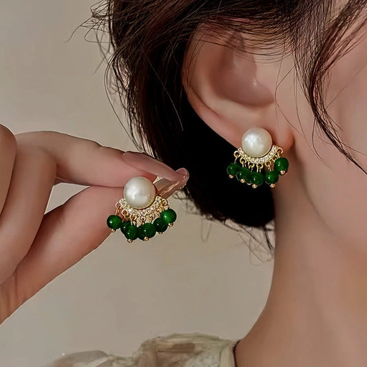 14K Gold-Plated Elegant Green Pearl Tassel Earrings - elegant Pearl Tassel Earrings