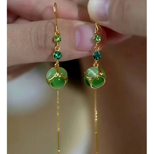 14K Gold-Plated Elegant Green Zircon Diamond Cat's Eye Stone Threader Earrings - elegant Cat's Eye Threader Earrings