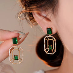14K Gold-Plated Elegant Green Zircon Diamond Rectangular Earrings - elegant Green Rectangular Earrings