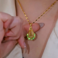 14K Gold-Plated Elegant Green Zircon Mesh Water Drop Necklace worn to showcase its length and pendant detail