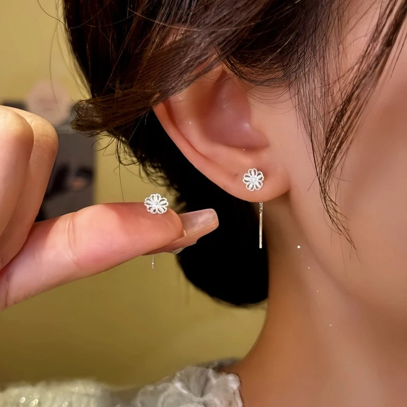 Close-up detail of the sparkling zircons and plating on the Flower Threader Earrings