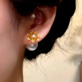 14K Gold-Plated Elegant Hollow Flower Pearl Jacket Earrings - elegant Flower Pearl Jacket Earrings