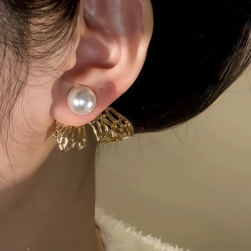 14K Gold-Plated Elegant Hollow Pearl Butterfly Earrings - elegant Pearl Butterfly Earrings