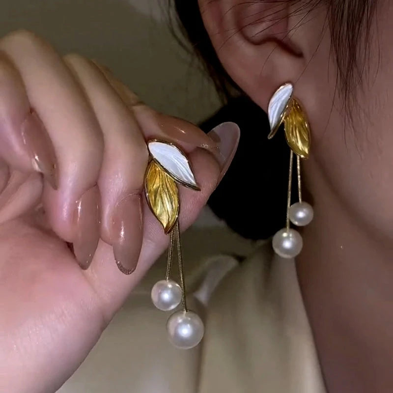 14K Gold-Plated Elegant Leaf Pearl Tassel Earrings - elegant Leaf Pearl Tassel Earrings