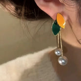 14K Gold-Plated Elegant Leaf Pearl Tassel Earrings - elegant Leaf Pearl Tassel Earrings