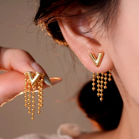 14K Gold-Plated Elegant Letter V Tassel Earrings - elegant Letter V Tassel Earrings