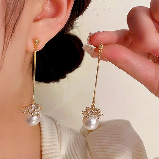 14K Gold-Plated Elegant Long Pearl Earrings - elegant Long Pearl Earrings