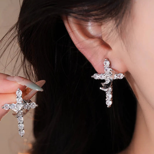 14K Gold-Plated Elegant Luxury Zircon Diamond Cross Crown Earrings - elegant Crown Cross Earrings