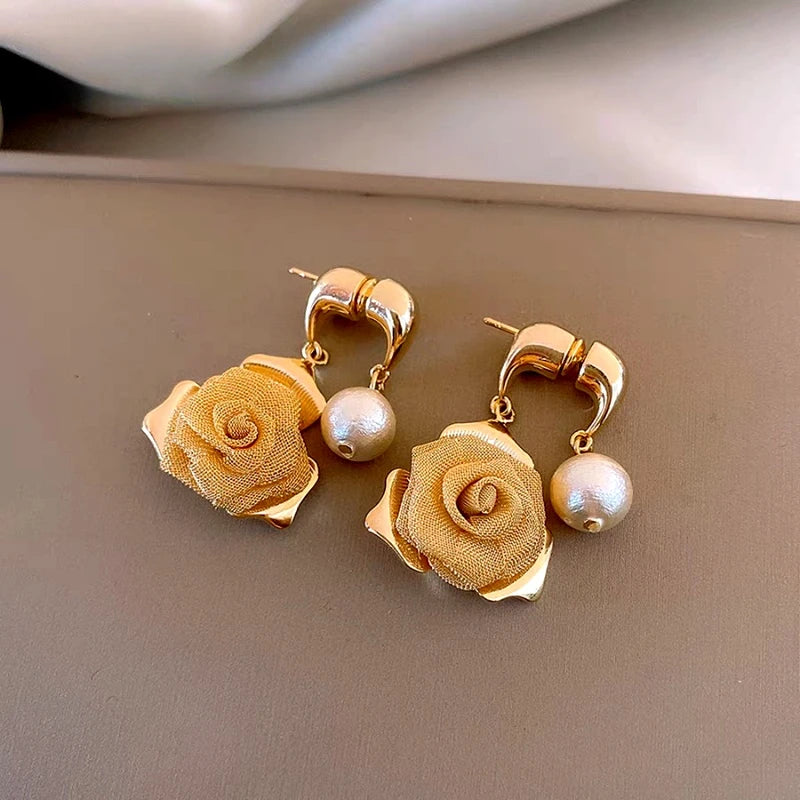 14K Gold-Plated Elegant Mesh Rose Bead Cross Earrings - elegant Rose Cross Earrings