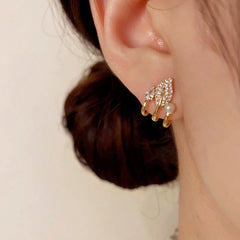 14K Gold-Plated Elegant Multi-Layer Zircon Leaf Pearl Stud Earrings - elegant Zircon Leaf Pearl Studs