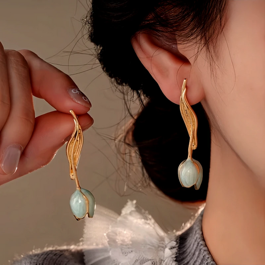 14K Gold-Plated Elegant Oil-Drop Leaf Tulip Earrings - elegant Tulip Earrings