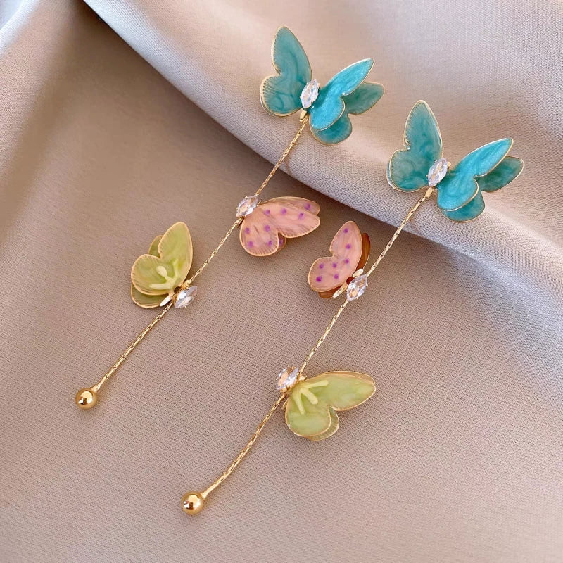 Close-up detail of the sparkling zircons and plating on the Colorful Butterfly Tassel Earrings