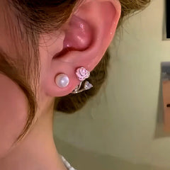 Close-up detail of the sparkling zircons and plating on the Rose Pearl Jacket Earrings