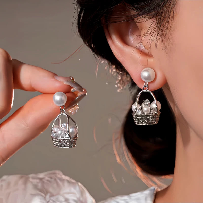 14K Gold-Plated Elegant Pearl Basket Earrings - elegant Pearl Basket Earrings