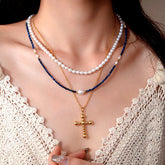 14K Gold-Plated Elegant Pearl Bead Cross Necklace - beautiful Pearl Cross Necklace