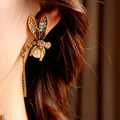 14K Gold-Plated Elegant Pearl Dragonfly Tassel Earrings - elegant Dragonfly Tassel Earrings
