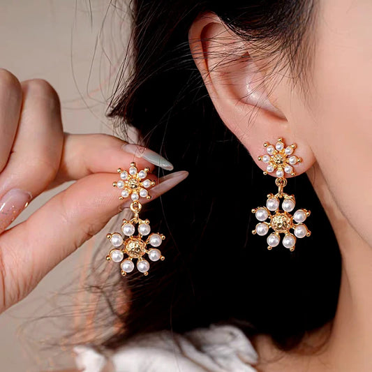 14K Gold-Plated Elegant Pearl Flower Tassel Earrings - elegant Pearl Flower Tassel Earrings