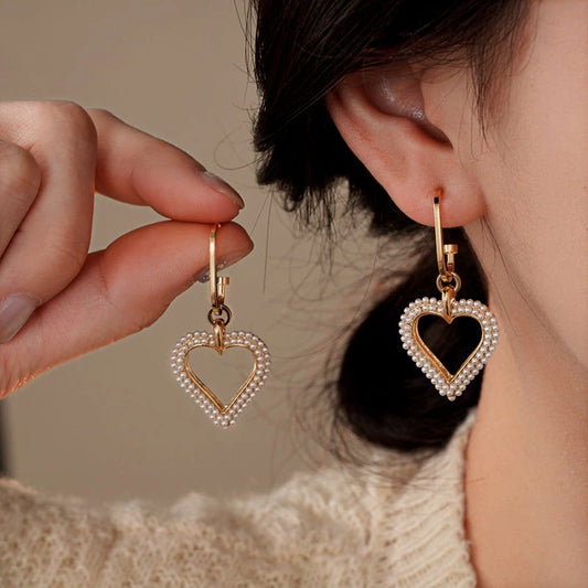 14K Gold-Plated Elegant Pearl Heart Earrings - elegant Pearl Heart Earrings