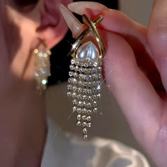 14K Gold-Plated Elegant Pearl Heart Zircon Tassel Earrings - elegant Pearl Heart Tassel Earrings