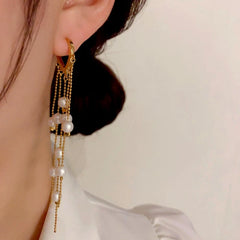 Model showcasing the dangle and style of the 14K Gold-Plated Elegant Pearl Tassel Earrings