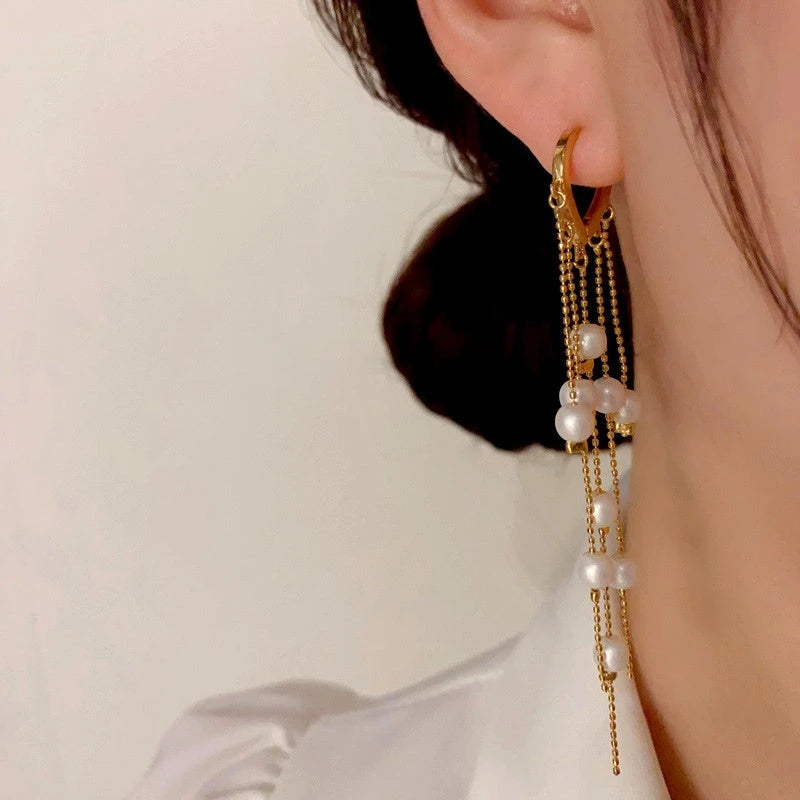 14K Gold-Plated Elegant Pearl Tassel Earrings - elegant Pearl Tassel Earrings
