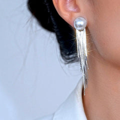 Close-up detail of the sparkling zircons and plating on the Pearl Tassel Earrings