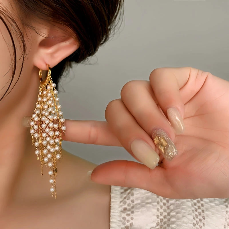 Close-up detail of the sparkling zircons and plating on the Pearl Tassel Earrings