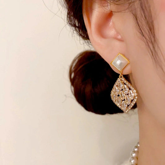 14K Gold-Plated Elegant Pearl Zircon Diamond Water Drop Earrings - elegant Pearl Water Drop Earrings