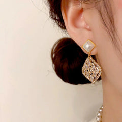 14K Gold-Plated Elegant Pearl Zircon Diamond Water Drop Earrings - elegant Pearl Water Drop Earrings