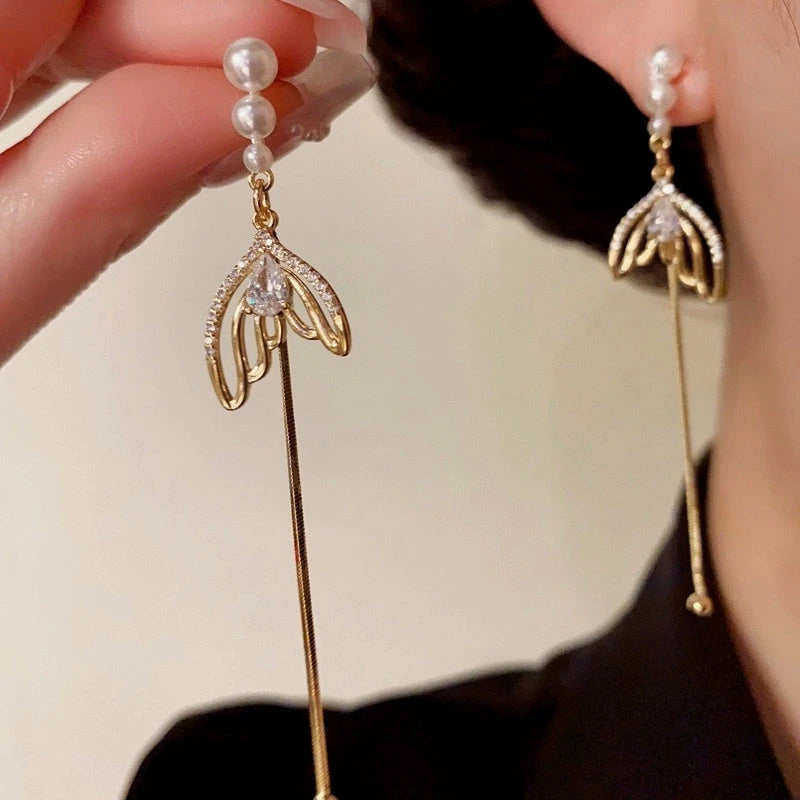 14K Gold-Plated Elegant Pearl Zircon Fishtail Tassel Earrings - elegant Fishtail Tassel Earrings