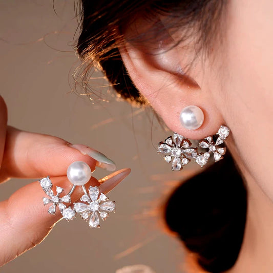 14K Gold-Plated Elegant Pearl Zircon Flower Jacket Earrings - elegant Zircon Flower Jacket Earrings