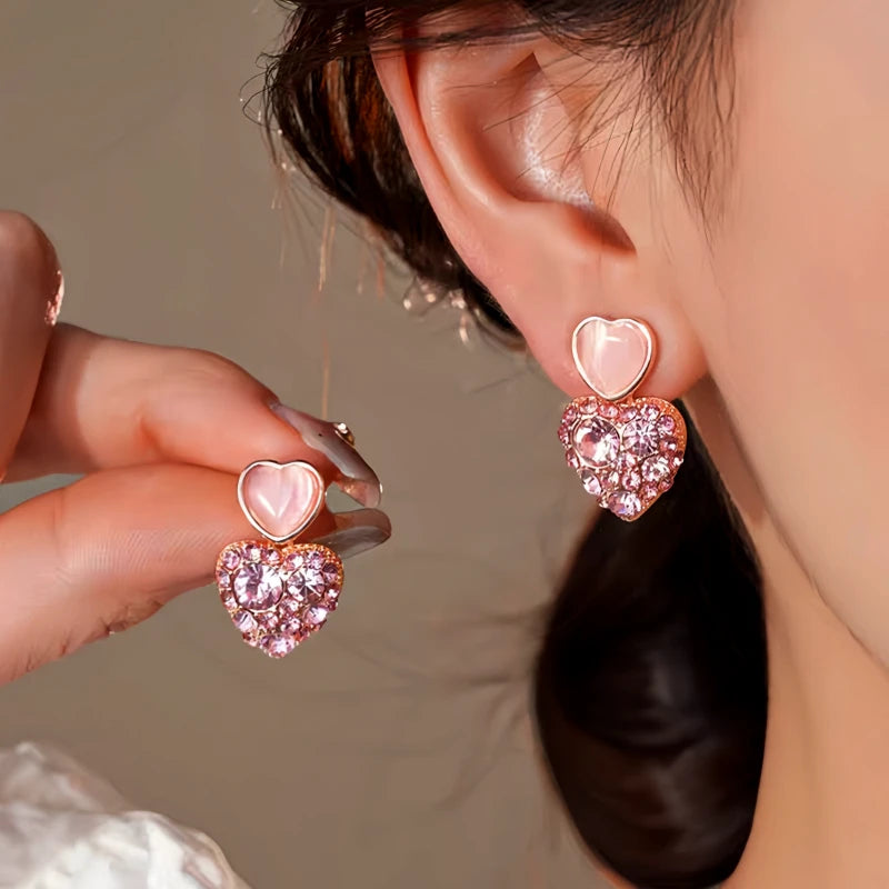 14K Gold-Plated Elegant Pink Diamond Heart Earrings - elegant Pink Diamond Heart Earrings