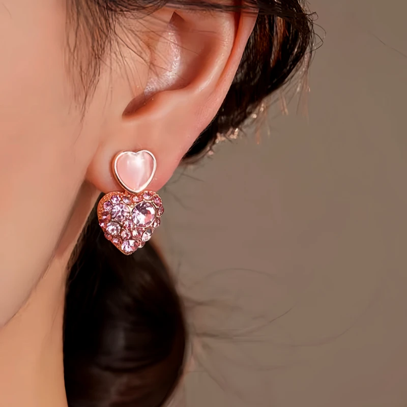 Close-up detail of the sparkling zircons and plating on the Pink Diamond Heart Earrings