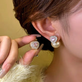 14K Gold-Plated Elegant Pink Diamond Heart Pearl Earrings - elegant Pink Heart Pearl Earrings