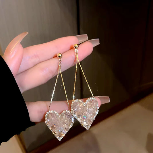 14K Gold-Plated Elegant Pink Rhinestone Heart Tassel Earrings - elegant Pink Heart Tassel Earrings