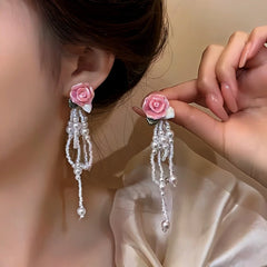 14K Gold-Plated Elegant Pink Rose Bead Tassel Earrings - elegant Pink Rose Tassel Earrings