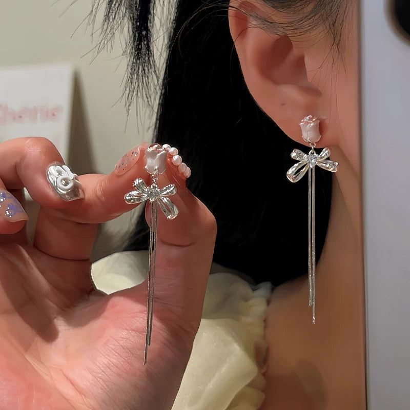 14K Gold-Plated Elegant Pink Rose Zircon Heart Bow Tassel Earrings - elegant Pink Rose Tassel Earrings