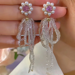 14K Gold-Plated Elegant Pink Zircon Diamond Bead Flower Tassel Earrings - elegant Pink Flower Tassel Earrings