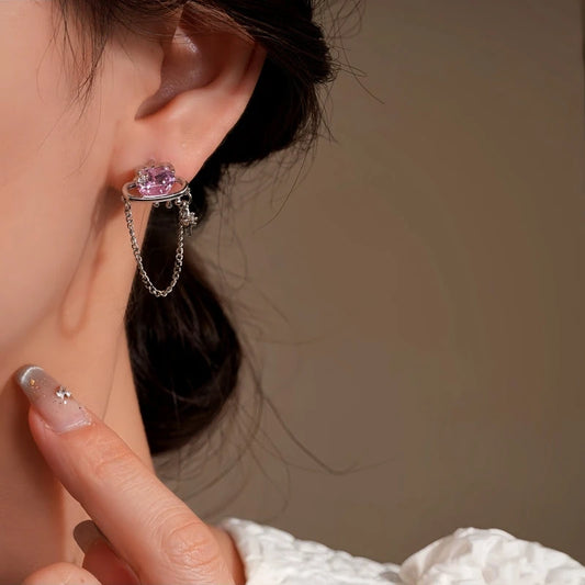 14K Gold-Plated Elegant Pink Zircon Heart Tassel Earrings - elegant Pink Zircon Heart Tassel Earrings