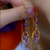 14K Gold-Plated Elegant Purple Crystal Diamond Tassel Earrings - elegant Purple Crystal Tassel Earrings