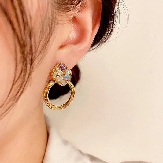 14K Gold-Plated Elegant Purple Diamond Flower Pearl Hoop Earrings - elegant Flower Pearl Hoop Earrings