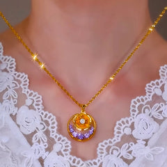 14K Gold-Plated Elegant Purple Diamond Rose Necklace worn to showcase its length and pendant detail